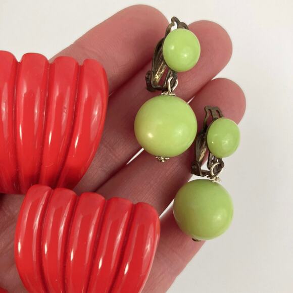 VTG Red Marked W Germany Cluster, Lime Green Go Go Girl 60s, Earrings Lot of 3 - Picture 4 of 7